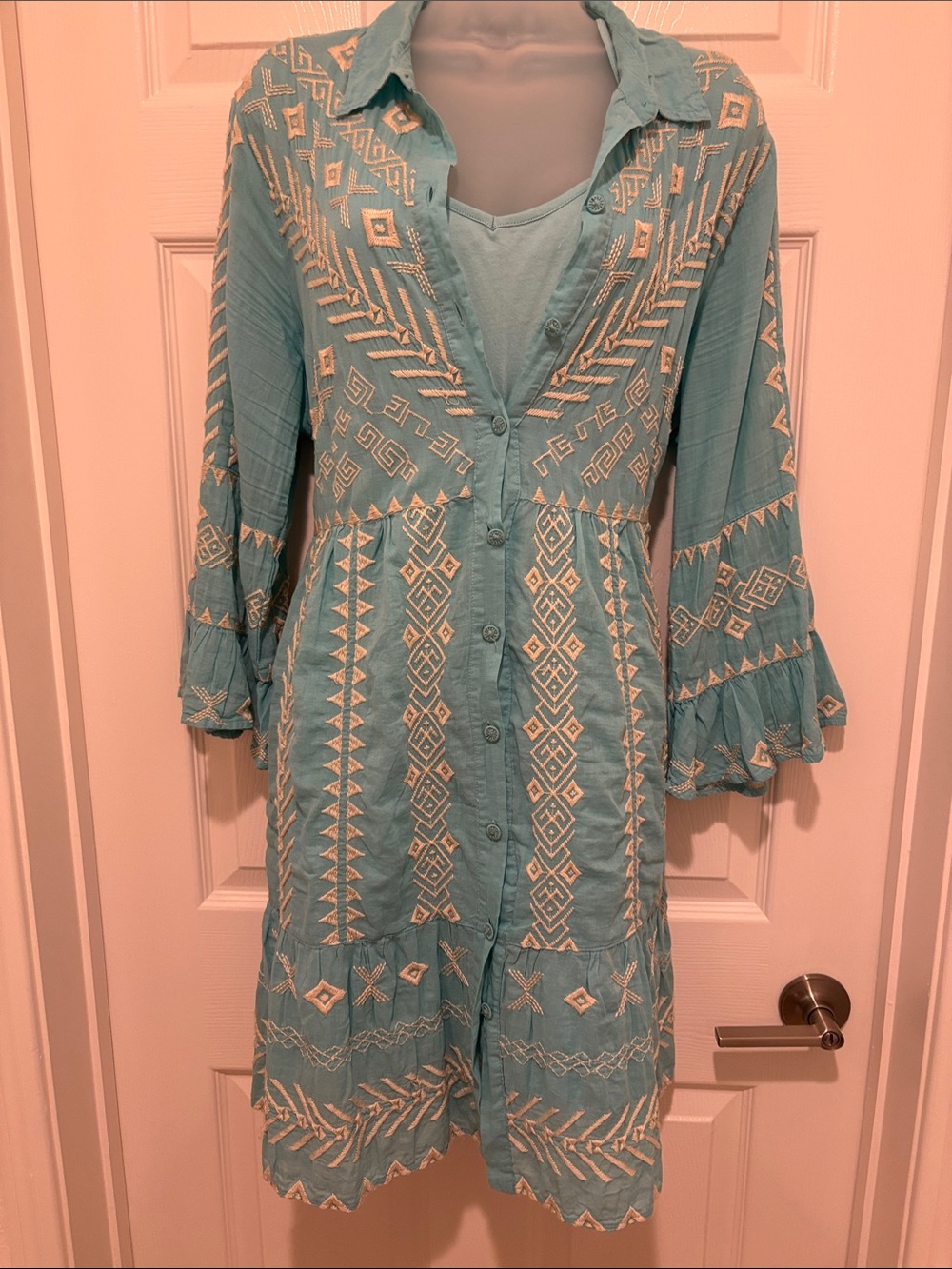 Turquoise  Embroidered Button-Front Midi Dress